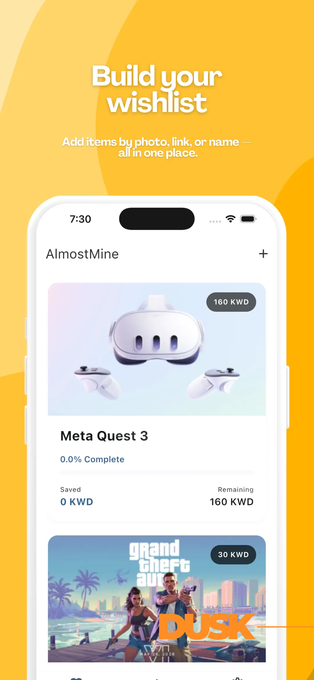 A wishlist of items, each with its price, percentage complete and amount saved
